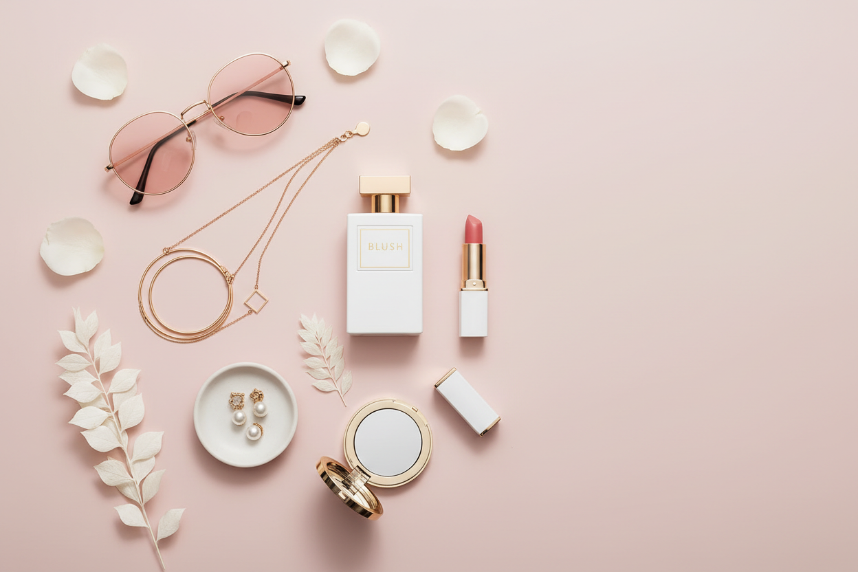 Fresh contemporary flat lay beauty and fashion